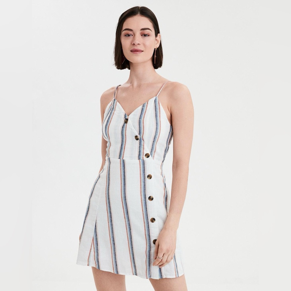 American Eagle AEO Linen Blend Striped Button Front Mini Dress Size Medium